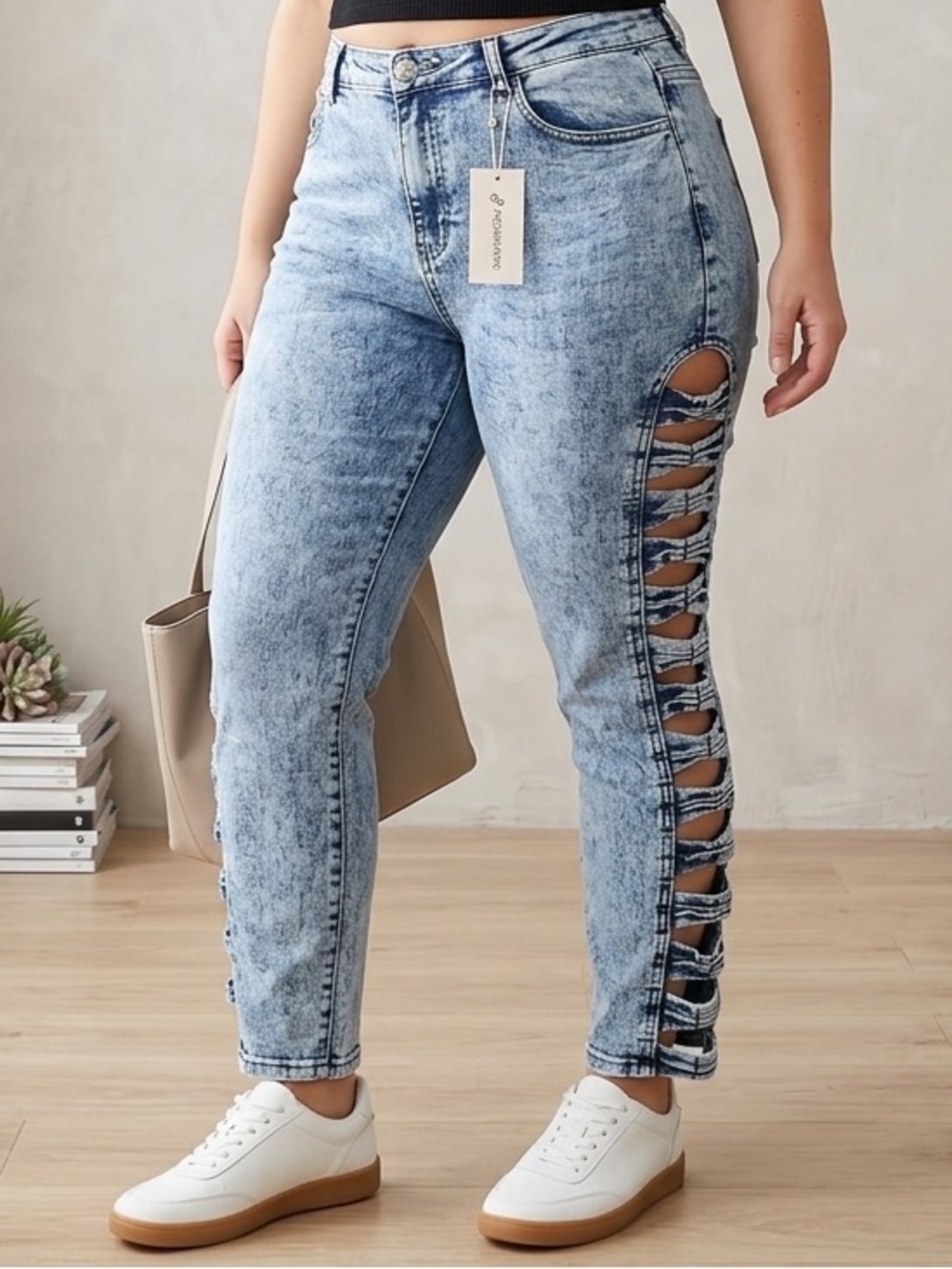 AQ American Quality Denim Acid Wash Cutout Side Jeans Plus Size 20